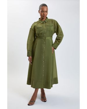 Karen Millen Plus Size Trim Detail Organdie Midi Shirt Dress - Green