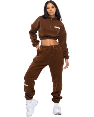 Tom Barron Dames Casual Cropped Fleece Stijlvol Oversized Trainingspak - Bruin