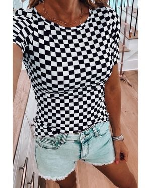 Azura Exchange Chequered Short Sleeve Ribbed Top - Black