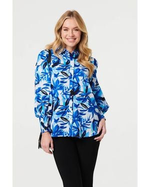 Izabel London Brushstroke Print Long Puff Sleeve Shirt - Blue