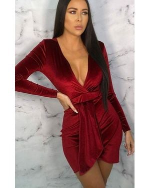 Femme Luxe Velvet Tie Front Bodycon Mini Dress - Red