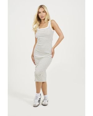 Brave Soul Cotton Jersey Scoop Neck Stripe Bodycon Midi Dress - White