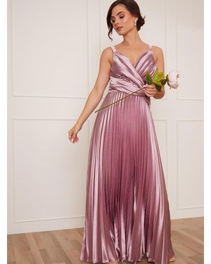 Chi Chi London Petite Satin Cami Strap Pleated Maxi Dress - Pink