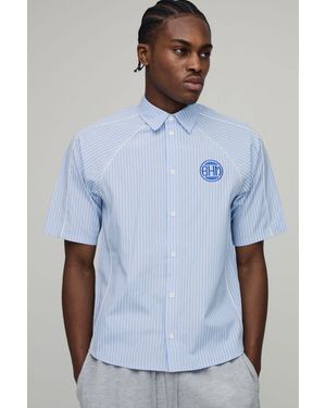BoohooMAN Oversized Boxy Piping Detail Striped Shirt - Blue