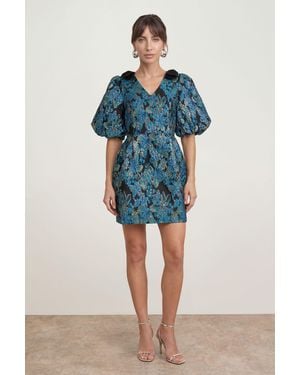 Oasis Bow Shoulder Puff Sleeve V Neck Mini Dress - Blue
