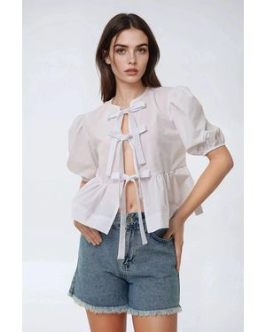 Hiccup Cotton Crew Neck Blouse With Bow Detail - White