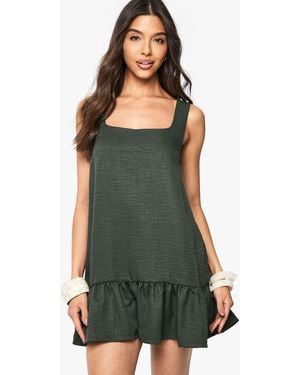 Boohoo Linen Look Square Neck Drop Hem Mini Dress - Green