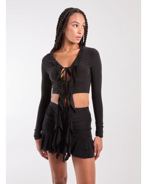Pink Vanilla Long Sleeve Slinky Ruffle Top - Black