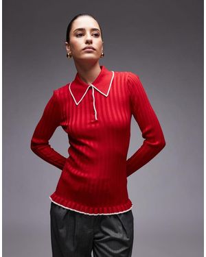 & Other Stories Knitted Rib Polo Top With Long Sleeves - Red