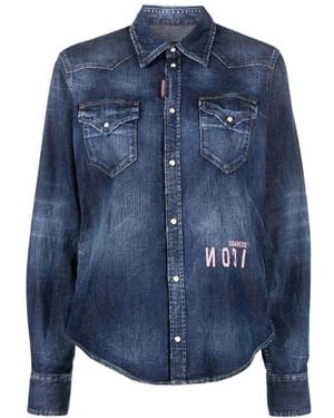 DSquared² Icon Reverse Logo Western Dark Denim Shirt Cotton - Blue