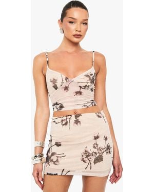 Boohoo Hot Fix Printed Mesh Lined Flippy A-Line Mini Skirt - Natural