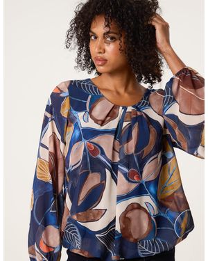 Blue Vanilla Abstract Print Scoop Neck Puffball Blouse - Blue