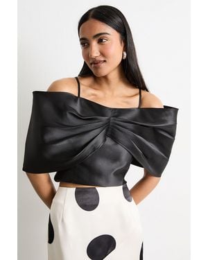 Warehouse Twill Jacquard Butterfly Sleeve Occasion Top - Black