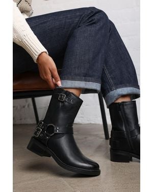 Where's That From Wheres 'Xoe' Mid Calf Biker Boots With Double Buckle Strap Detail - Blue