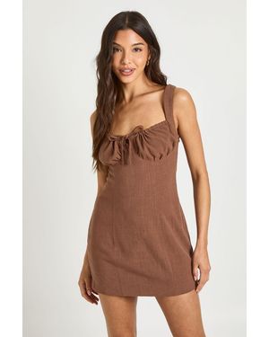 Boohoo Linen Look Ruched Cup Strappy Mini Dress - Brown
