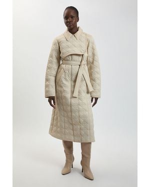 Karen Millen Quilted & Pu Mix Belted Padded Midi Coat - Natural
