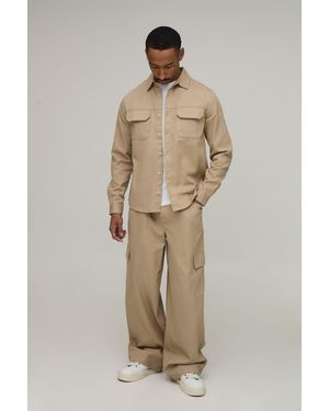 BoohooMAN Regular Shirt & Straight Fit Cargo Trouser Set - Natural