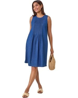Roman Denim Pintuck Detail Pocket Dress - Blue