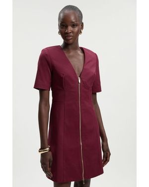 Karen Millen Techno Cotton Short Sleeve Zip Detail Woven Mini Dress - Red