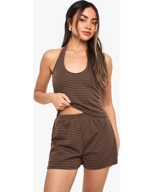 Boohoo Stripe Elastic Waistband Shorts - Brown
