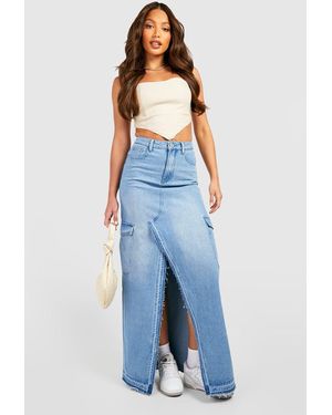 Boohoo Tall Cargo Split Front Frayed Denim Maxi Skirt - Blue