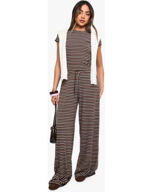 Boohoo Striped Mid Rise Wide Leg Trouser - Brown