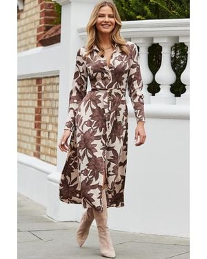 Sosandar Petite Coffee & Cream Floral Print Midaxi Shirt Dress - Brown