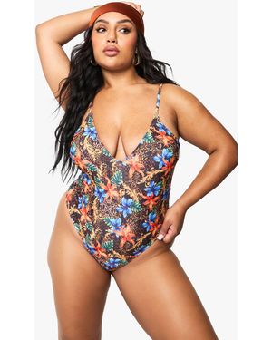Boohoo Plus Mix Floral Scoop Bathing Suit - Blue