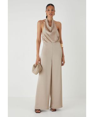 MissPap Satin Cowl Neck Wide Leg Jumpsuit - Natural