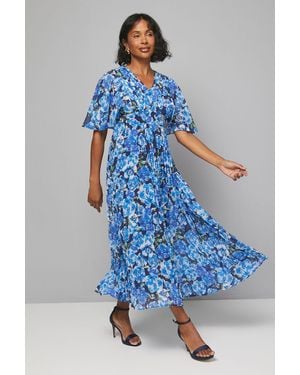 Wallis Floral Print Pleated Cape Sleeve Midi Dress - Blue