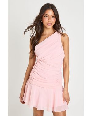 Boohoo Chiffon Ruched Asymmetric Mini Dress - Pink