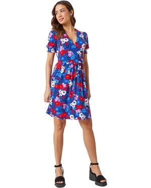 Roman Floral Frill Sleeve Wrap Dress - Blue