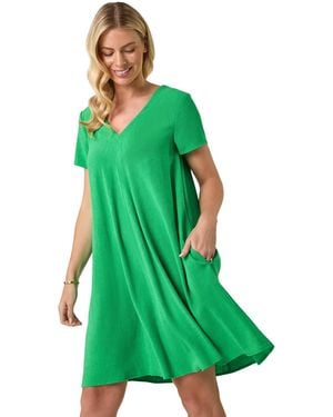 Roman Petite V-Neck Swing Pocket Dress - Green