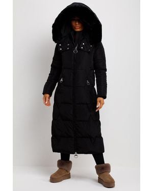 JESS Long Puffer Coat With Faux Fur Hood & Zip Pockets - Black