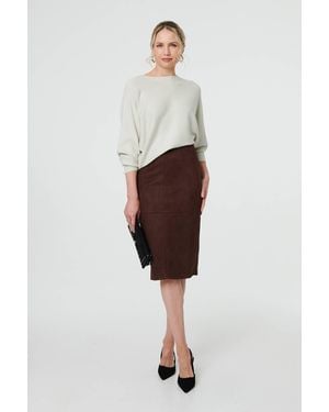 Izabel London Faux Suede Knee Length Pencil Skirt - Brown