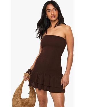 Boohoo Petite Cheesecloth Shirred Mini Beach Dress - Brown