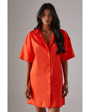 Warehouse Poplin Crochet Trim Western Mini Shirt Dress - Red
