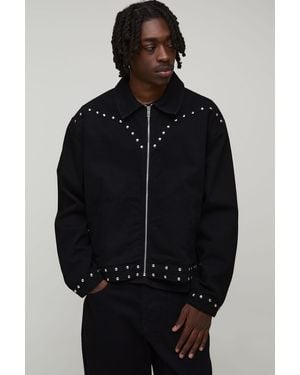 BoohooMAN Studded Western Oversized Boxy Denim Jacket - Black
