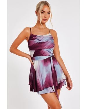 Quiz Burgundy Satin Printed Playsuit - Red