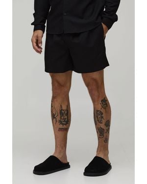 BoohooMAN Relaxed Fit Mid Length Linen Blend Short - Black