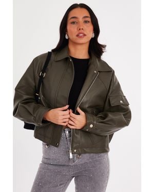 Quiz Faux Leather Bomber Jacket - Black