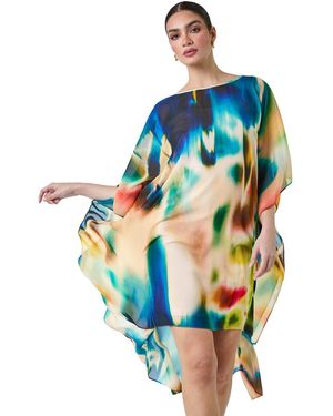 Ariella Abstract Print Chiffon Draped Tunic Dress - Blue