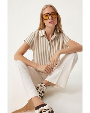Happiness İstanbul Striped Button-Up Shirt With Collar - Natural