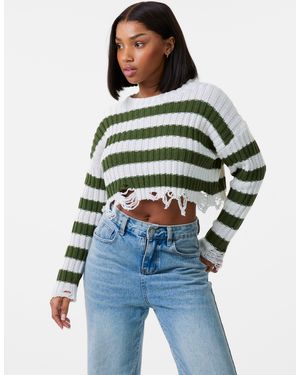 Pink Vanilla Distressed Striped Crop Knit Jumper - Blue