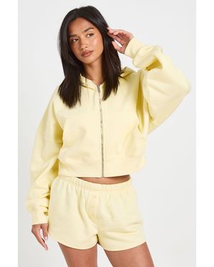 Boohoo Petite Boxy Zip Through Hoodie And Henley Button Short Tracksuit - Natural