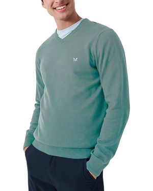Crew Jumper V Neck Long Sleeve Regular Fit Lightweight Knit Sweat - Green