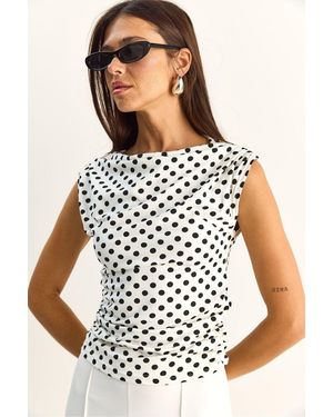 Bianco Lucci Fitted Cowl Neck Polka Dot Blouse - White