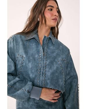 Nasty Gal Distressed Faux Leather Studded Bomber Jacket - Blue