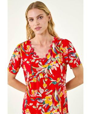 Roman Floral Print Scallop Detail Top - Red
