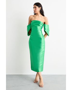 Warehouse Structured Puff Sleeve Bardot Midi Dress - Green